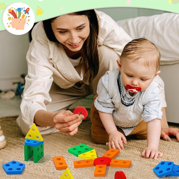 Montessori Wooden Sorting & Stacking Toys - Colorful Sensory Play for Toddlers - Picture 2 of 7